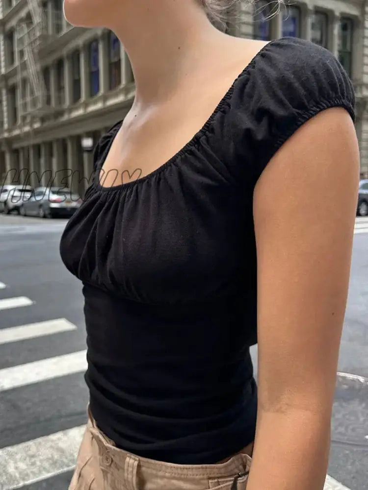 Y2K Crop Tops Women Square Collar Short Sleeve Tees Coquett Aesthetic 2000S Vintage T-Shirts Korean