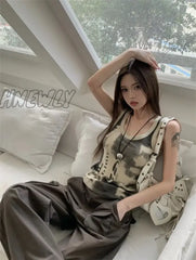 Hnewly Y2K Cut Out Tank Tops Vintage Patchwork Green Crop Top Women Basic Casual Sporty Sweats