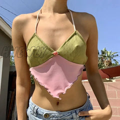 Hnewly Y2K Cute Patchwork Cami Top Summer Sexy Backless Bandage Halter Crop Fairycore Grunge Kawaii