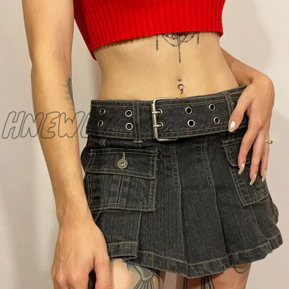 Hnewly Y2K Denim Skirt 2000S Aesthetic Women Fairycore Grunge Low Waist A Line Pleated Skirts