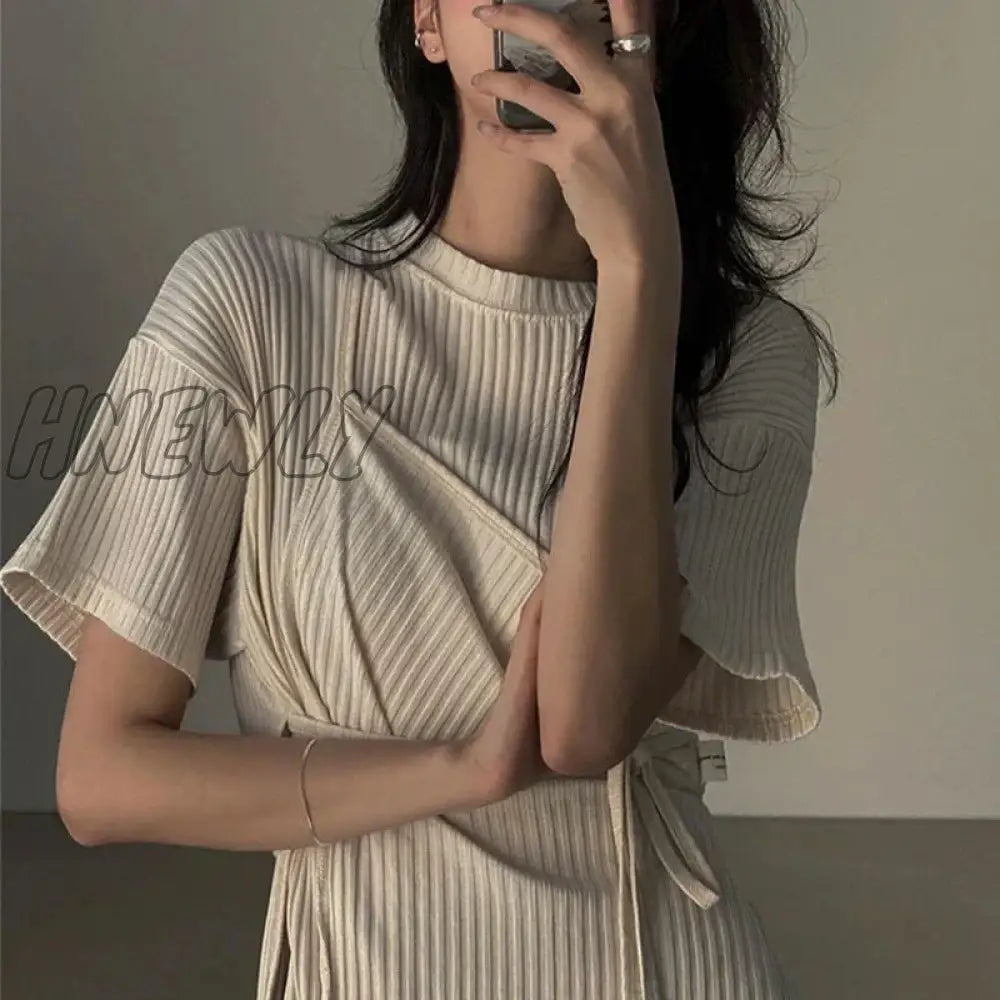 Hnewly Y2K Dress Women Solid Bandage Asymmetrical Side Slit Chic Midi Streetwear Simple Lace Up