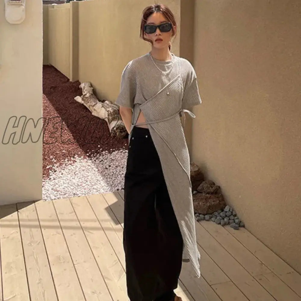 Hnewly Y2K Dress Women Solid Bandage Asymmetrical Side Slit Chic Midi Streetwear Simple Lace Up