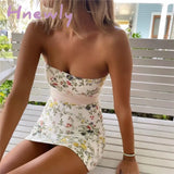 Hnewly Y2K Dresses For Women Fairycore Floral Print Off Shoulder Strapless Sleeveles Mini Dress
