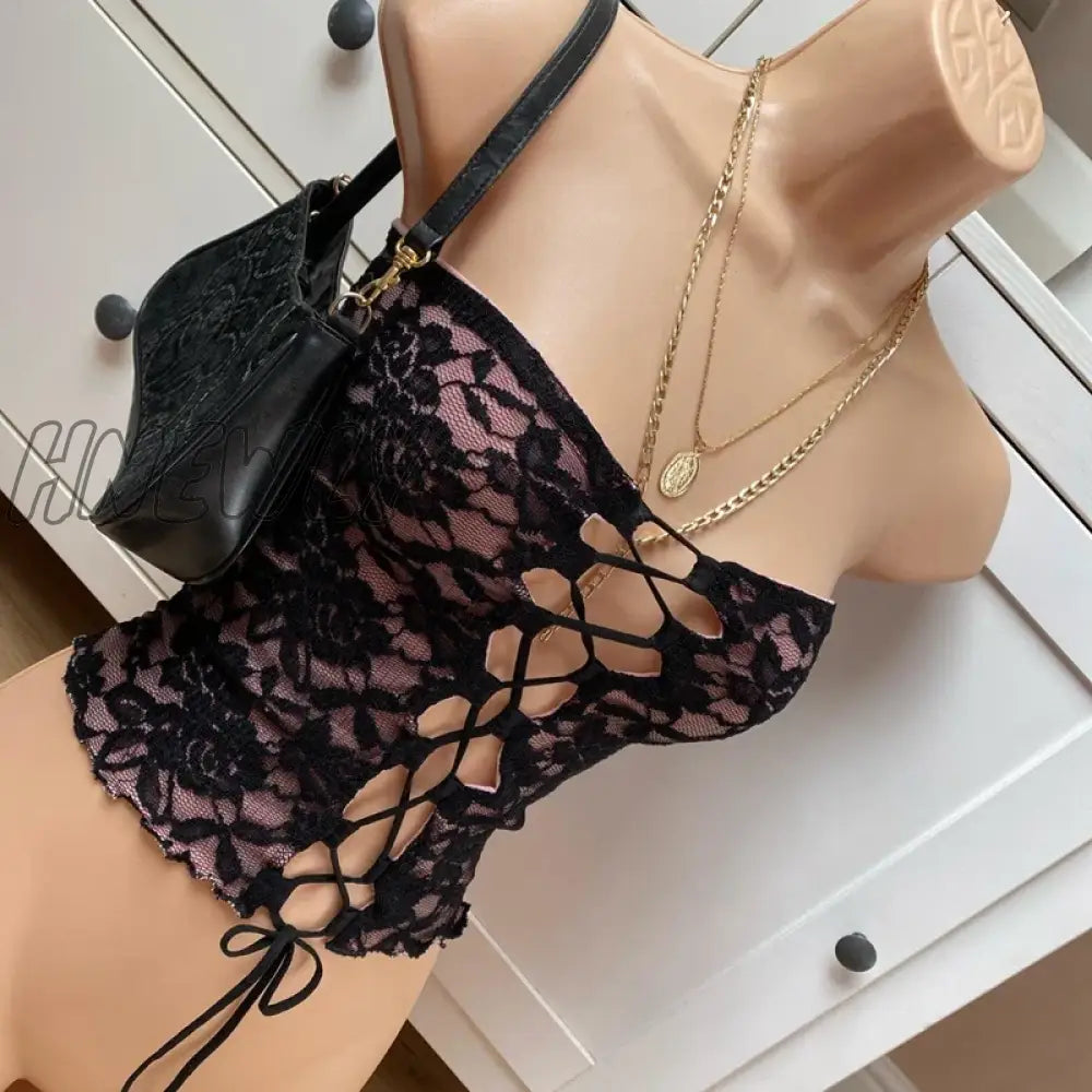 Hnewly Y2K Fairy Coquette Backless Bandeau Vest Floral Lace Mesh Boob Tube Tops Frint Tie Up Hollow
