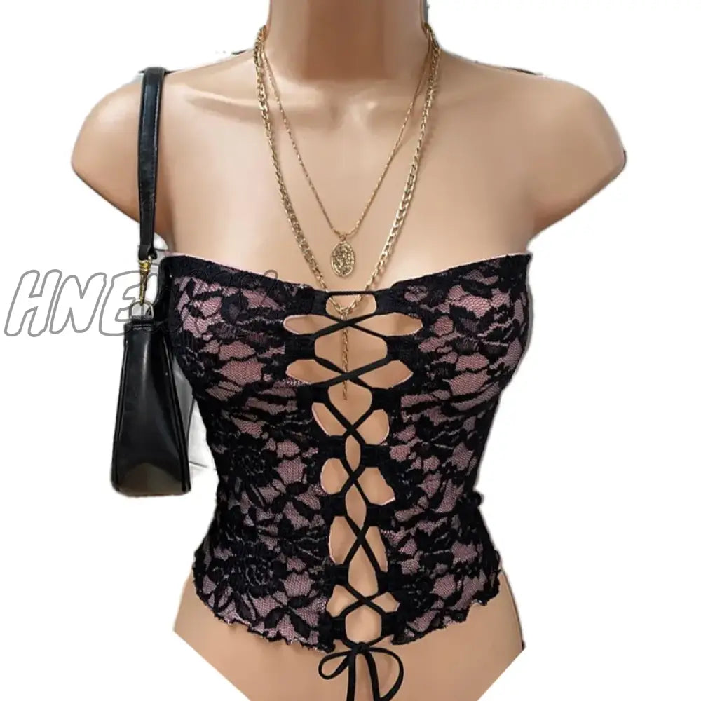 Hnewly Y2K Fairy Coquette Backless Bandeau Vest Floral Lace Mesh Boob Tube Tops Frint Tie Up Hollow