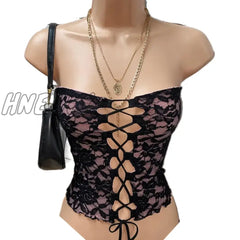 Hnewly Y2K Fairy Coquette Backless Bandeau Vest Floral Lace Mesh Boob Tube Tops Frint Tie Up Hollow