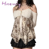 Hnewly Y2K Fairycore Grunge T Shirt Women Aesthetic Cold Shoulder Long Sleeve Tops With Graphic
