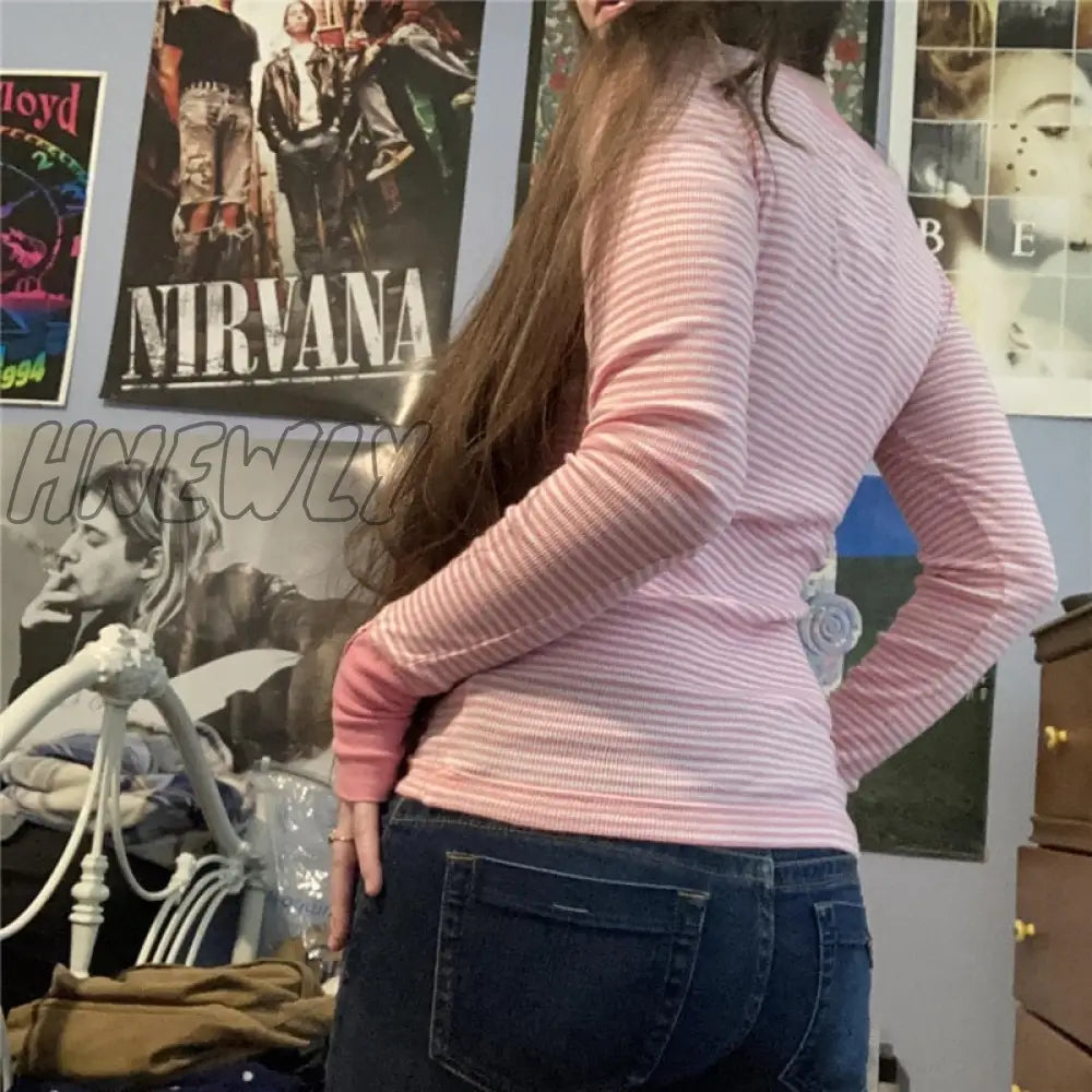 Hnewly Y2K Fairycore Grunge T Shirt Women Striped V Neck Long Sleeve Tops 2000S Aesthetic Clothes
