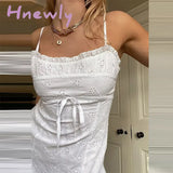 Hnewly Y2K Fairycore Hollow Out Floral Mini Dress 90S 00S Retro Kawaii White Ruffles Spaghetti
