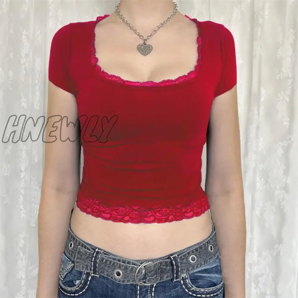 Hnewly Y2K Fairycore Lace Trim Crop Top Summer Women Solid Color Square Collar Short Sleeve T Shirt
