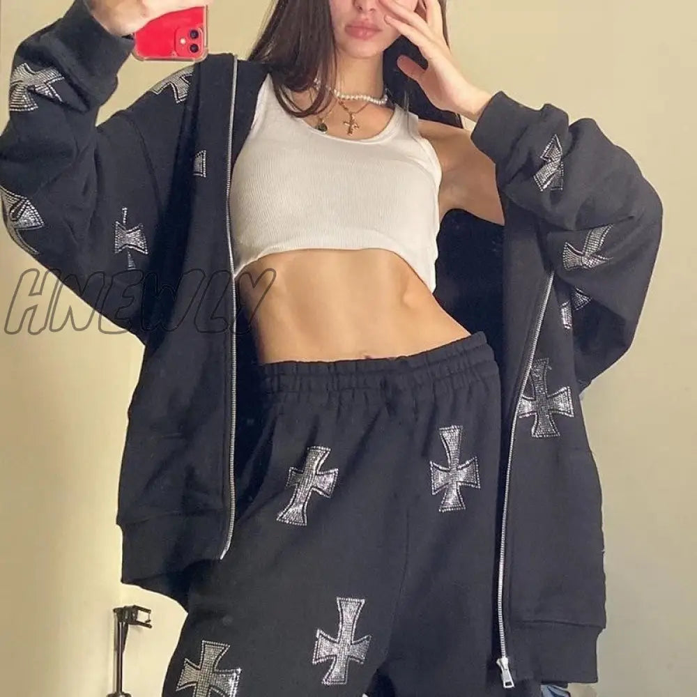 Hnewly Y2K Fashion Rhinestone Hoodies Women Hip Hop Joggers Sweatshirt Korean Oversized Zipper