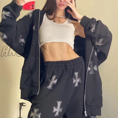 Hnewly Y2K Fashion Rhinestone Hoodies Women Hip Hop Joggers Sweatshirt Korean Oversized Zipper