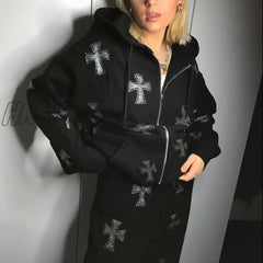 Hnewly Y2K Fashion Rhinestone Hoodies Women Hip Hop Joggers Sweatshirt Korean Oversized Zipper