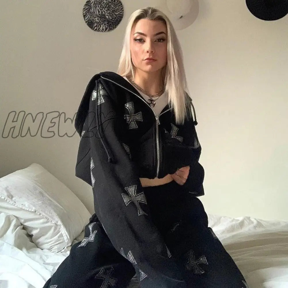 Hnewly Y2K Fashion Rhinestone Hoodies Women Hip Hop Joggers Sweatshirt Korean Oversized Zipper