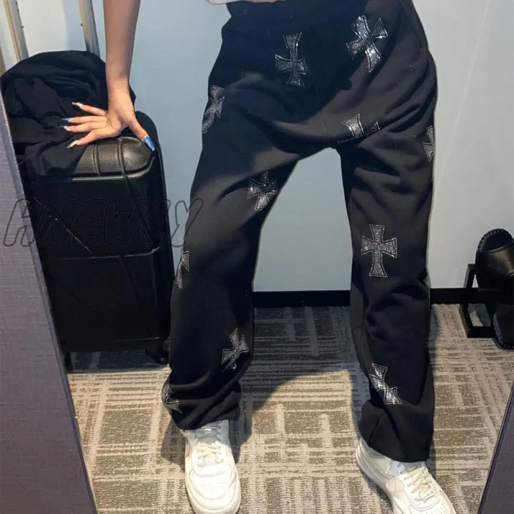 Hnewly Y2K Fashion Rhinestone Hoodies Women Hip Hop Joggers Sweatshirt Korean Oversized Zipper