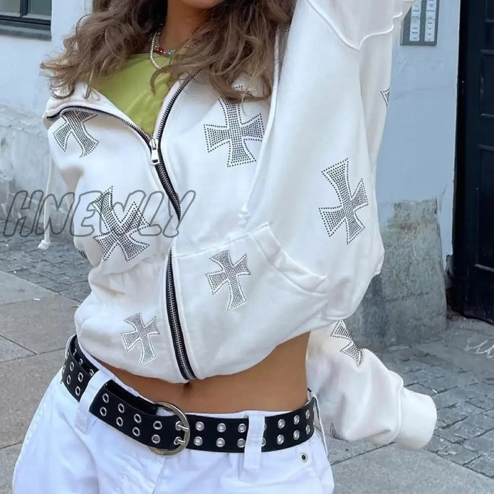 Hnewly Y2K Fashion Rhinestone Hoodies Women Hip Hop Joggers Sweatshirt Korean Oversized Zipper