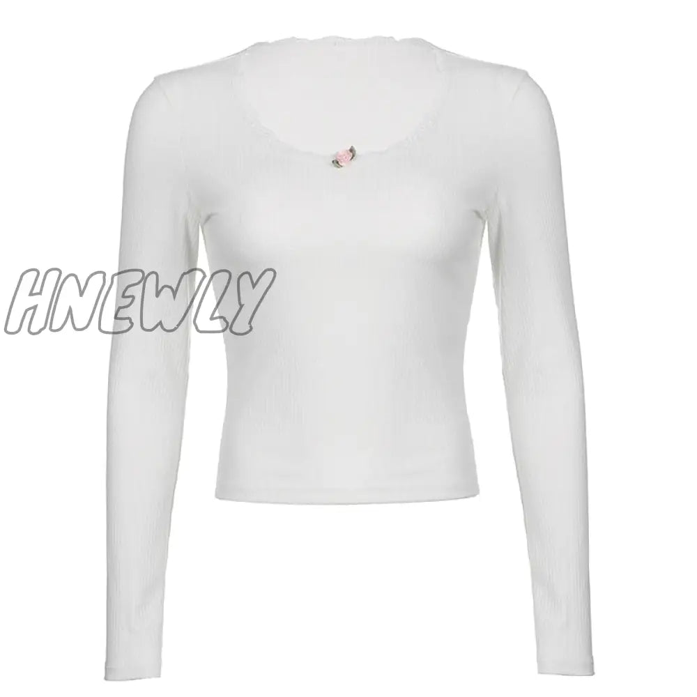 Hnewly Y2K Floral Lace Crop Top White Knitted O Neck Basic Casual T Shirt Women Chic Vintage Full
