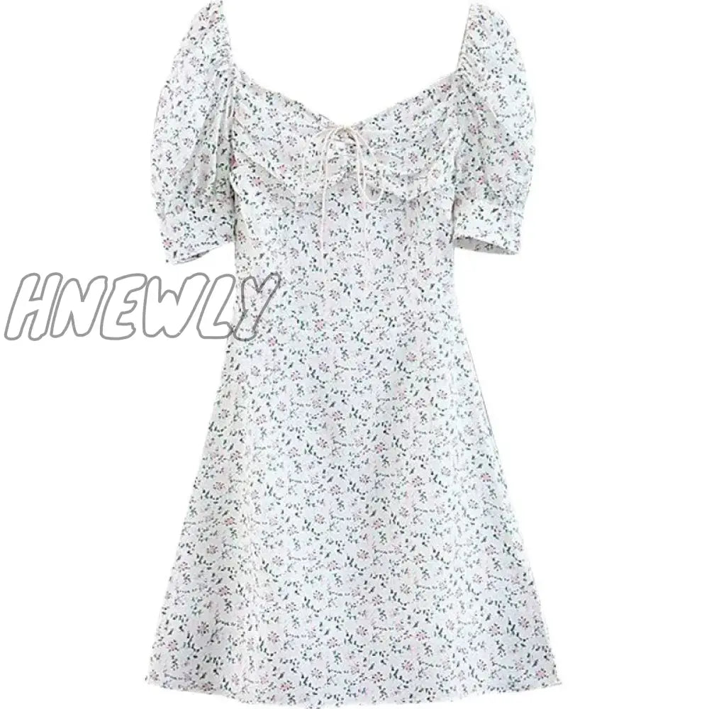 Hnewly Y2K Floral Mini Dress Women Bandage Lace Puff Sleeve Summmer Skinny Slim Bodycon Prom Party