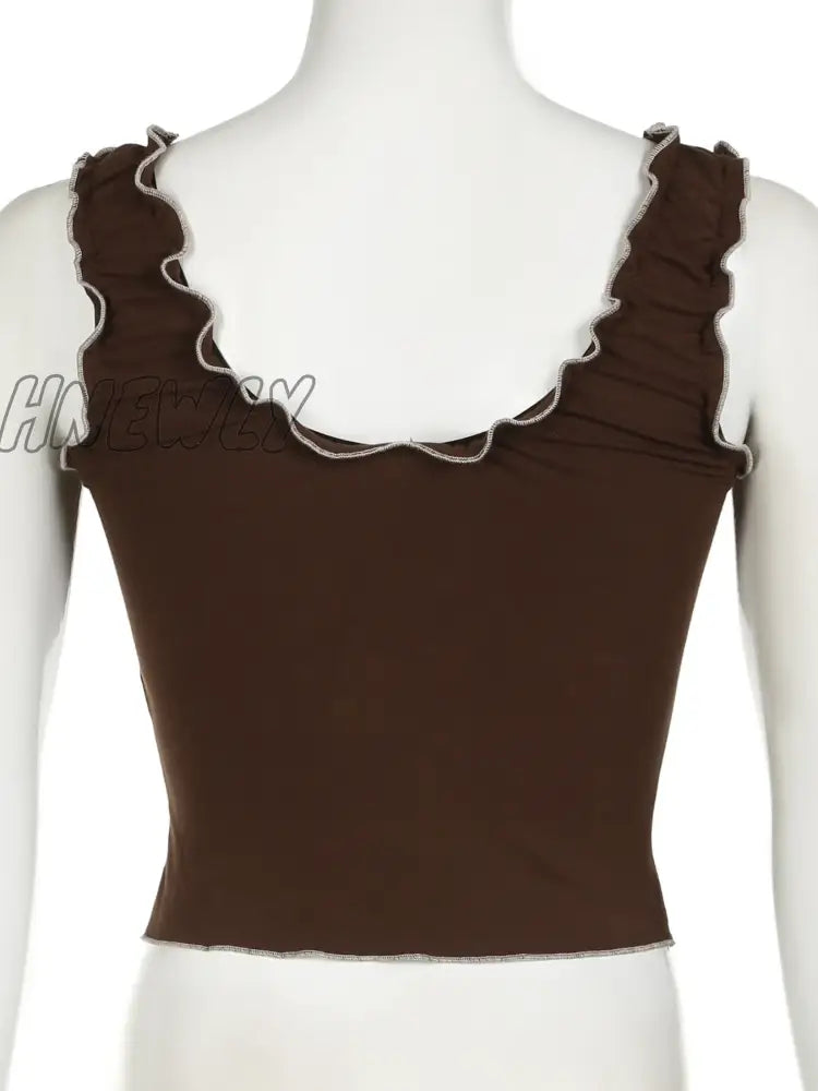 Hnewly Y2K Frill Camisole Women Brown Tie Up Crop Tops Kawaii Sweet Aesthetic Sleeveless Tank Top