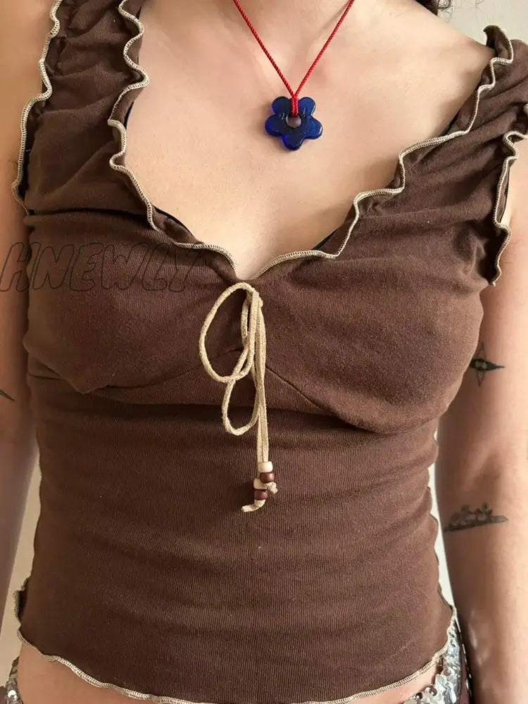 Hnewly Y2K Frill Camisole Women Brown Tie Up Crop Tops Kawaii Sweet Aesthetic Sleeveless Tank Top