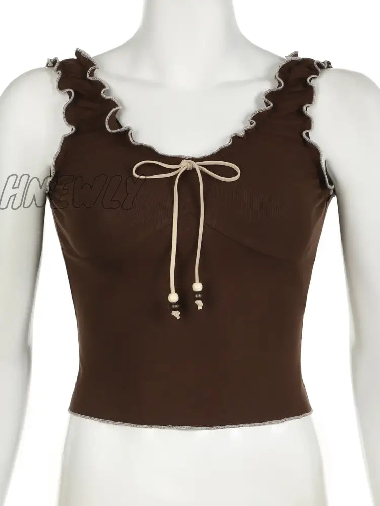 Hnewly Y2K Frill Camisole Women Brown Tie Up Crop Tops Kawaii Sweet Aesthetic Sleeveless Tank Top
