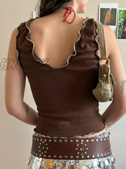 Hnewly Y2K Frill Camisole Women Brown Tie Up Crop Tops Kawaii Sweet Aesthetic Sleeveless Tank Top
