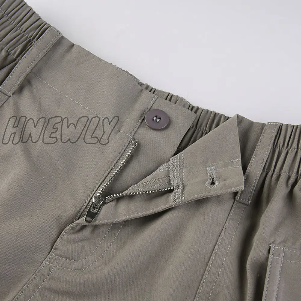 Hnewly Y2K Grey Cargo Shorts Pockets Low Waisted Sporty Joggers Retro Fashion Streetwear Harajuku