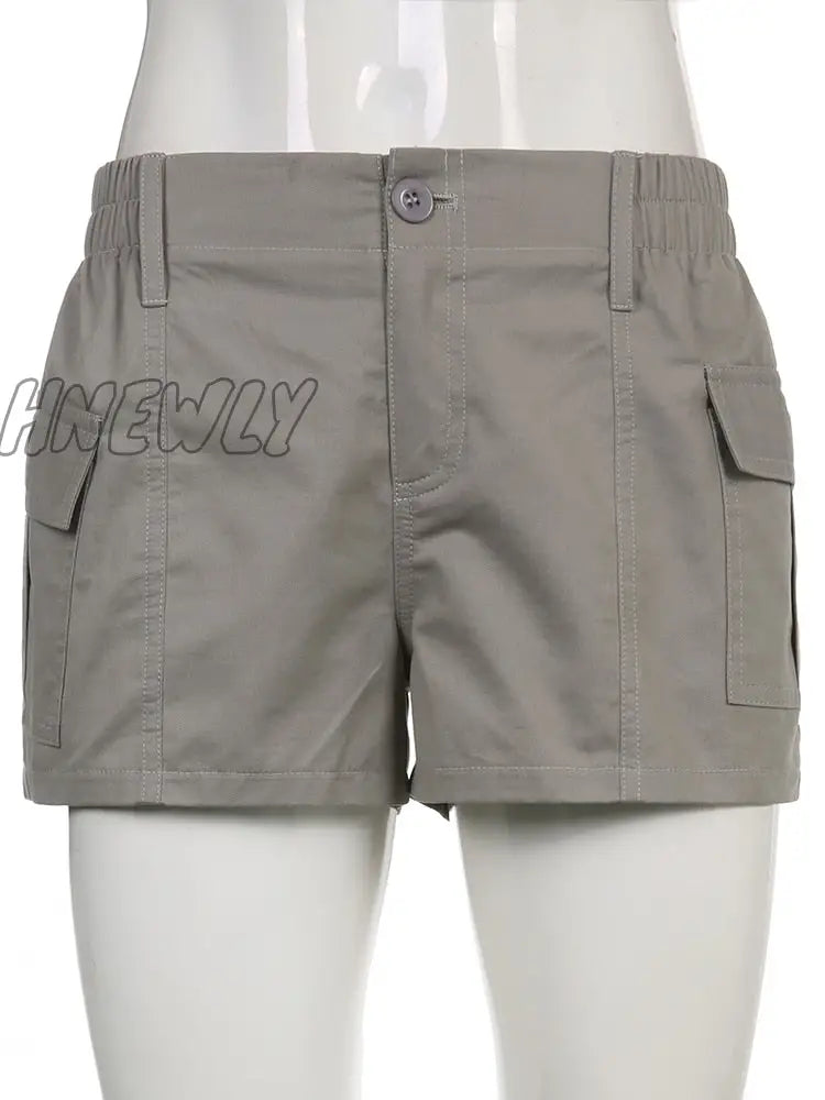 Hnewly Y2K Grey Cargo Shorts Pockets Low Waisted Sporty Joggers Retro Fashion Streetwear Harajuku