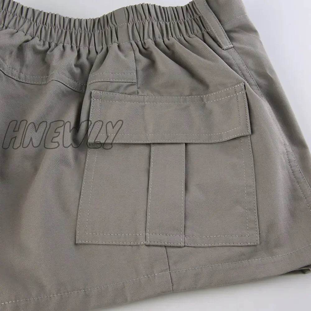Hnewly Y2K Grey Cargo Shorts Pockets Low Waisted Sporty Joggers Retro Fashion Streetwear Harajuku
