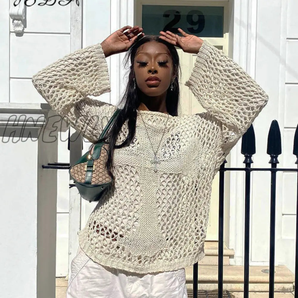 Hnewly Y2K Hollow Out Cropped Knit Smock Top Women Vintage Loose Distressed Crochet Pullovers Crop