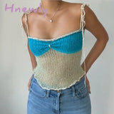 Hnewly Y2K Hollow Out Knit Crop Top Women Contrast Color Sleeveless Tank Tops Summer Club Sexy