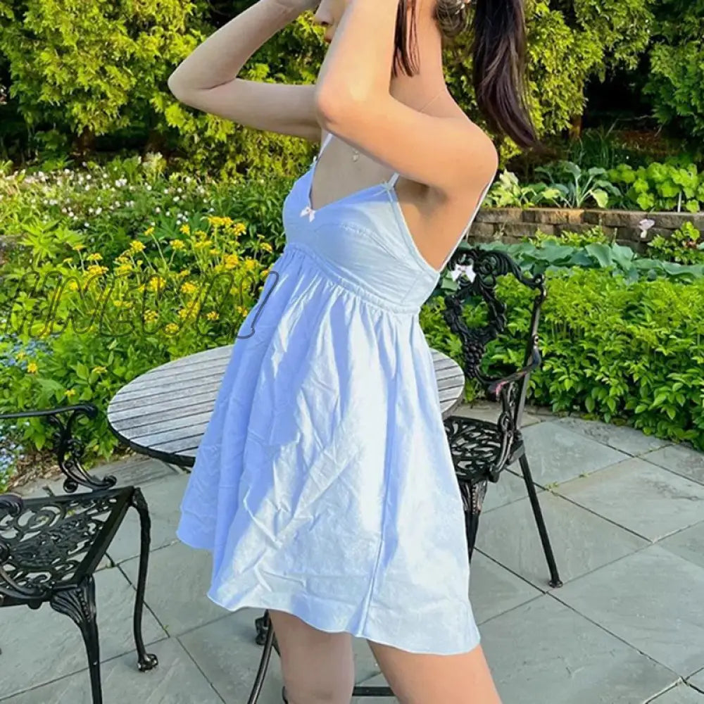 Hnewly Y2K Kawaii Bow A-Line Dress Preppy Cute Cosplay 90S Vintage Fairy V Neck Mini Chic Women