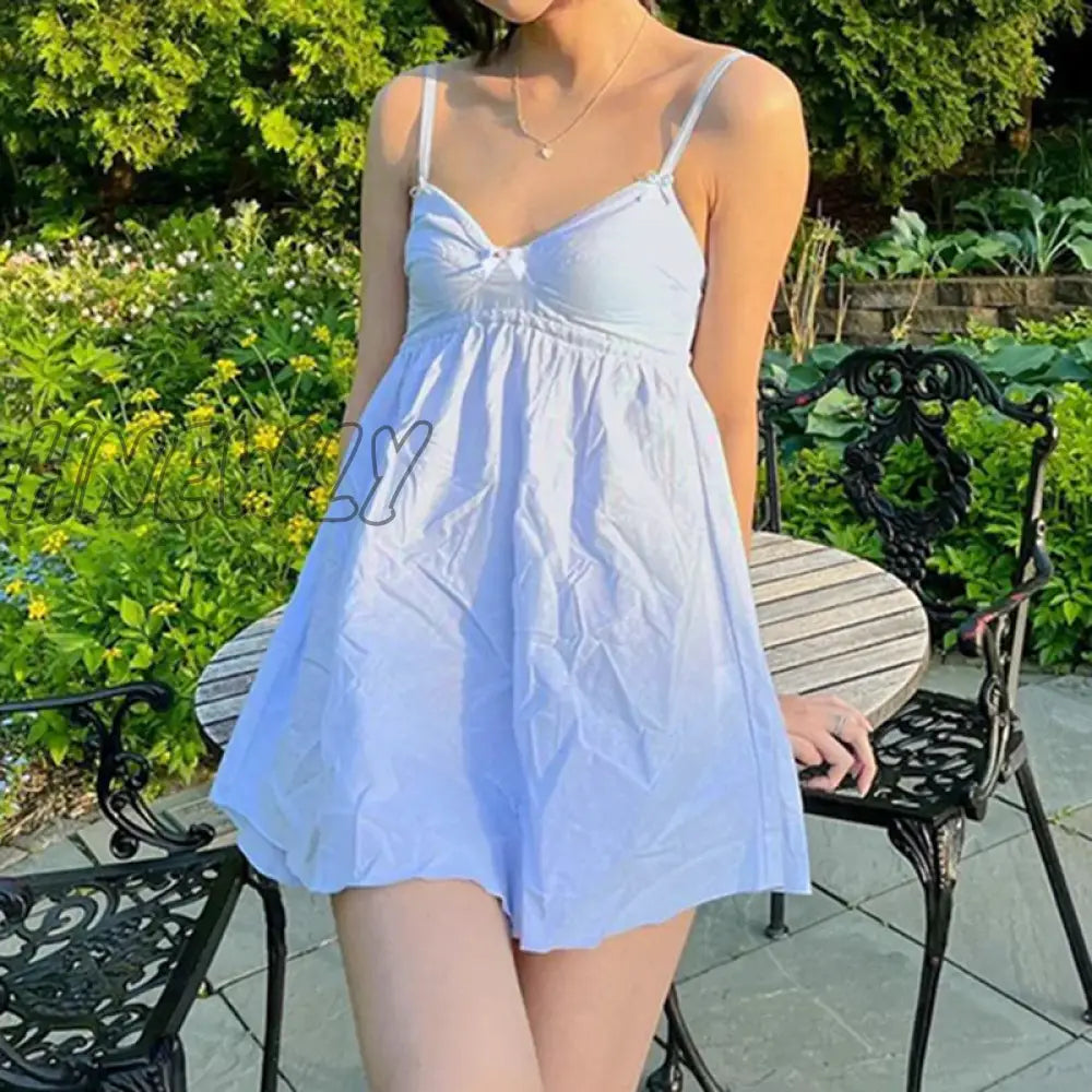 Hnewly Y2K Kawaii Bow A-Line Dress Preppy Cute Cosplay 90S Vintage Fairy V Neck Mini Chic Women