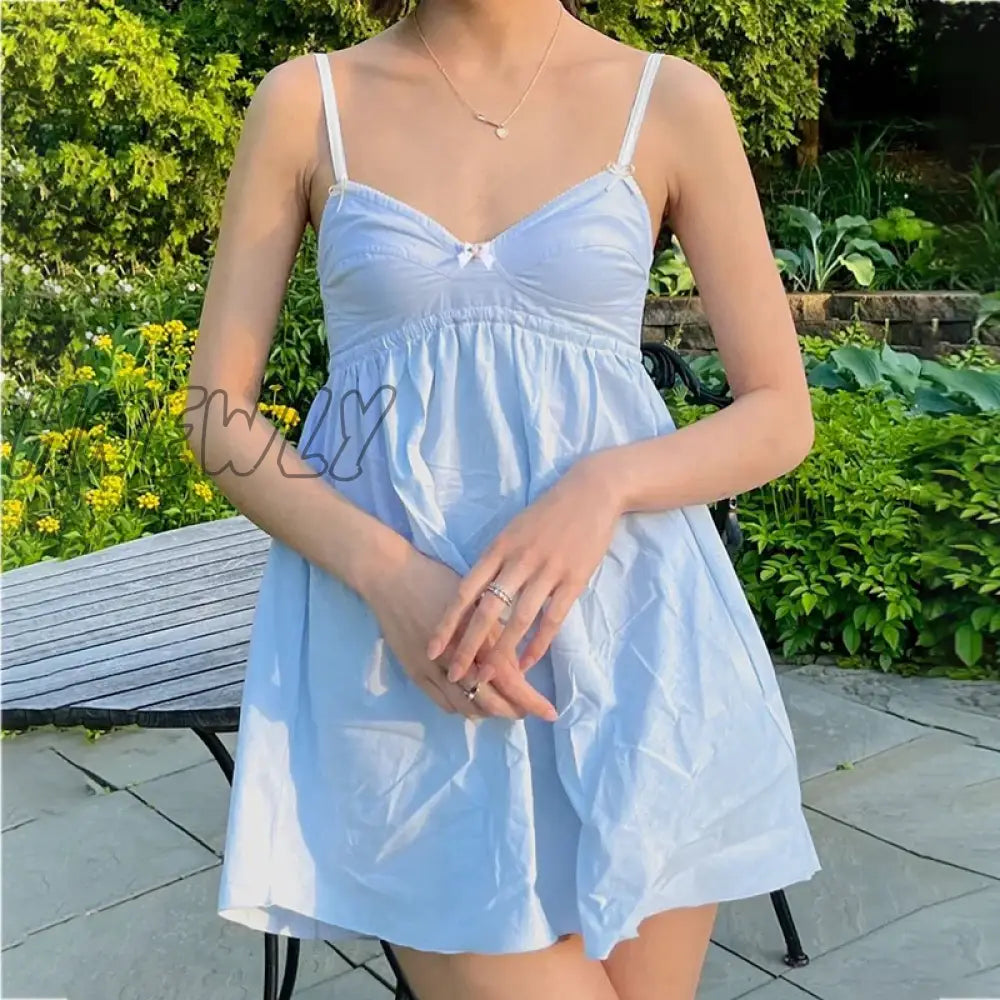 Hnewly Y2K Kawaii Bow A-Line Dress Preppy Cute Cosplay 90S Vintage Fairy V Neck Mini Chic Women