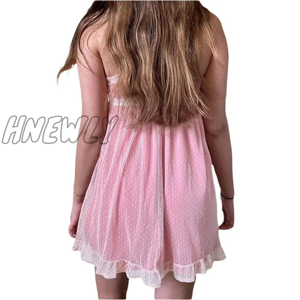 Hnewly Y2K Kawaii Pink A-Line Dress Summer Women Lace Mini Sundress Fashion Harajuku Sweet E Girl
