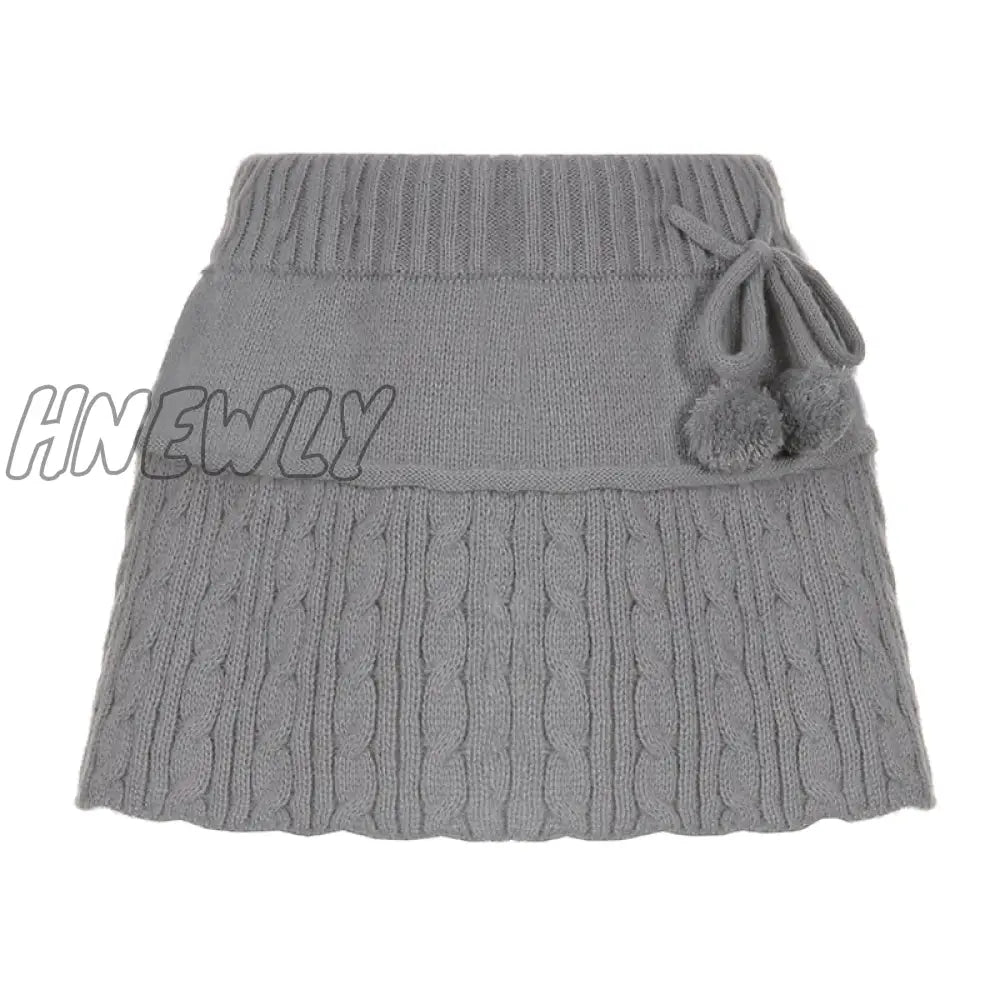 Hnewly Y2K Knitted Mini Skirts Lace Up Fur Cute Sweet Pencil Twist Skinny Low Waisted Short Women