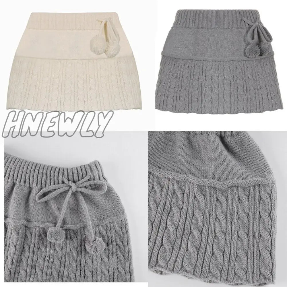 Hnewly Y2K Knitted Mini Skirts Lace Up Fur Cute Sweet Pencil Twist Skinny Low Waisted Short Women