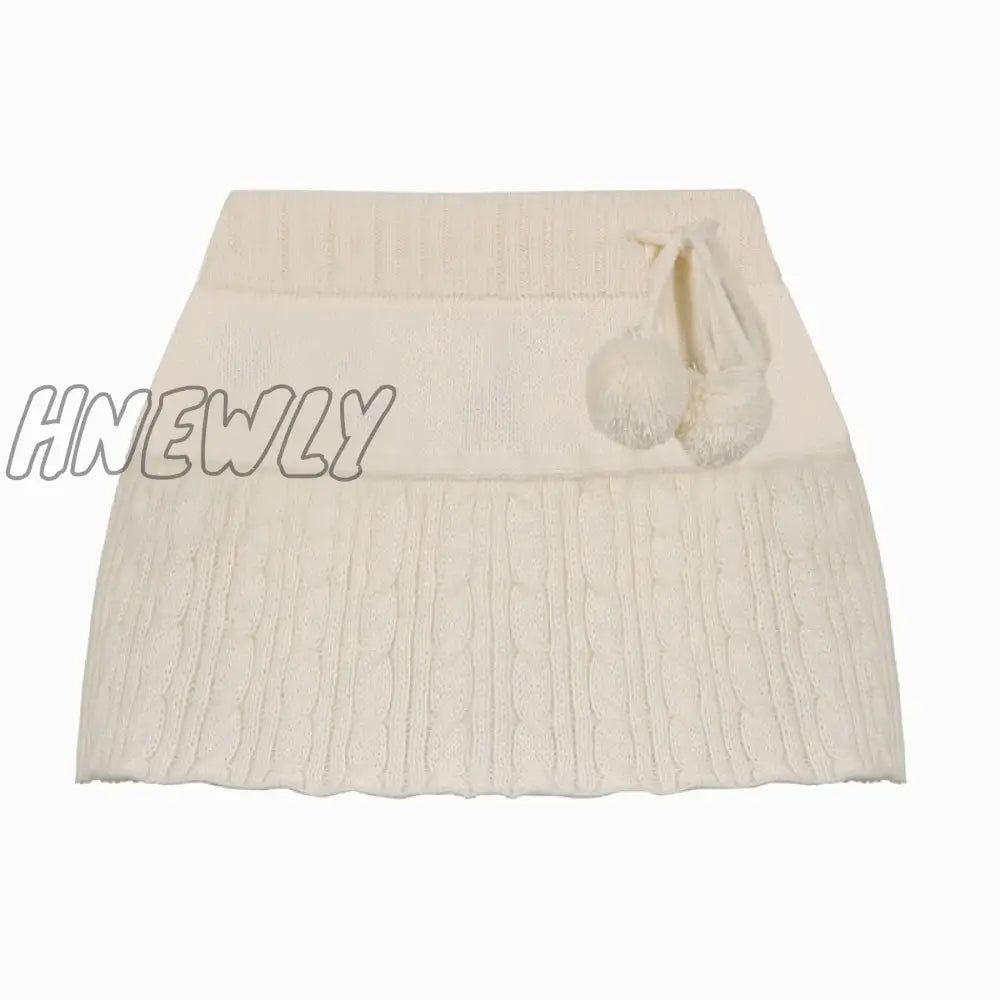 Hnewly Y2K Knitted Mini Skirts Lace Up Fur Cute Sweet Pencil Twist Skinny Low Waisted Short Women