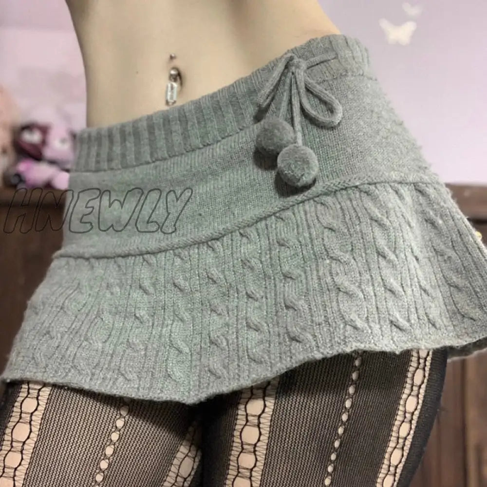 Hnewly Y2K Knitted Mini Skirts Lace Up Fur Cute Sweet Pencil Twist Skinny Low Waisted Short Women