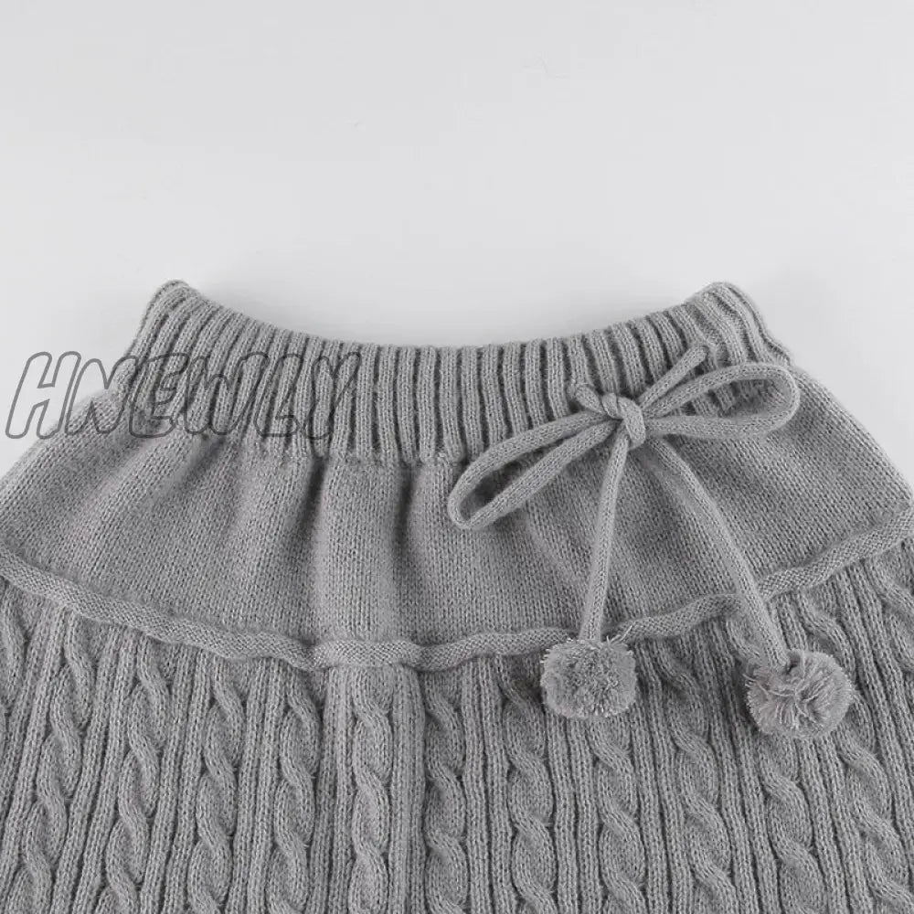Hnewly Y2K Knitted Mini Skirts Lace Up Fur Cute Sweet Pencil Twist Skinny Low Waisted Short Women