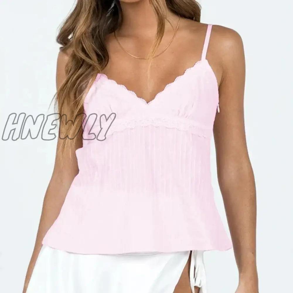 Hnewly Y2K Lace Patchwork Pink Crop Top Women Striped V Neck Spaghetti Strap Sleeveless Camisole