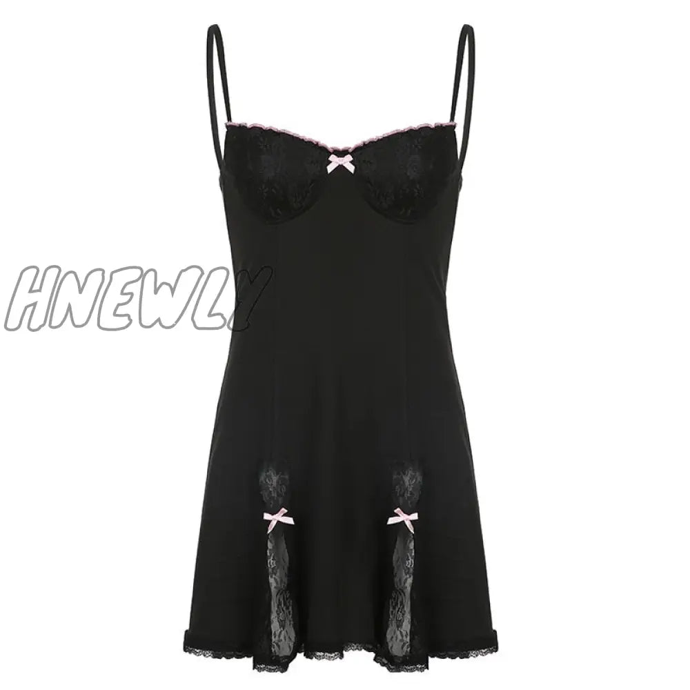 Hnewly Y2K Lace Patchwork Strap Bow Black Dress Girl Summer Aesthetic Club Party Sexy Split Dresses