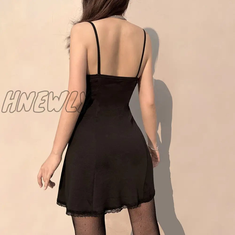 Hnewly Y2K Lace Patchwork Strap Bow Black Dress Girl Summer Aesthetic Club Party Sexy Split Dresses