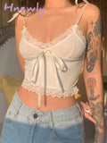 Hnewly Y2K Lace Trim Crop Top Aesthetic White Bow Cute Sweet Mini Vest Knitted Basic Casual Tee
