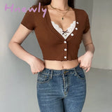 Hnewly Y2K Lace Trim Crop Top Brown Cotton Button T Shirt Short Sleeve V Neck Retro Harajuku Basic