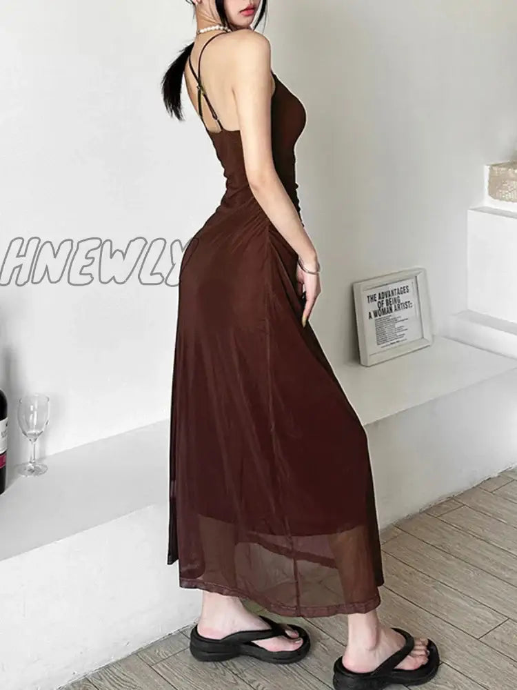 Hnewly Y2K Mesh Slip Dress Backless Long Soft Dresses Butterfly Vintage Print For Day And Night