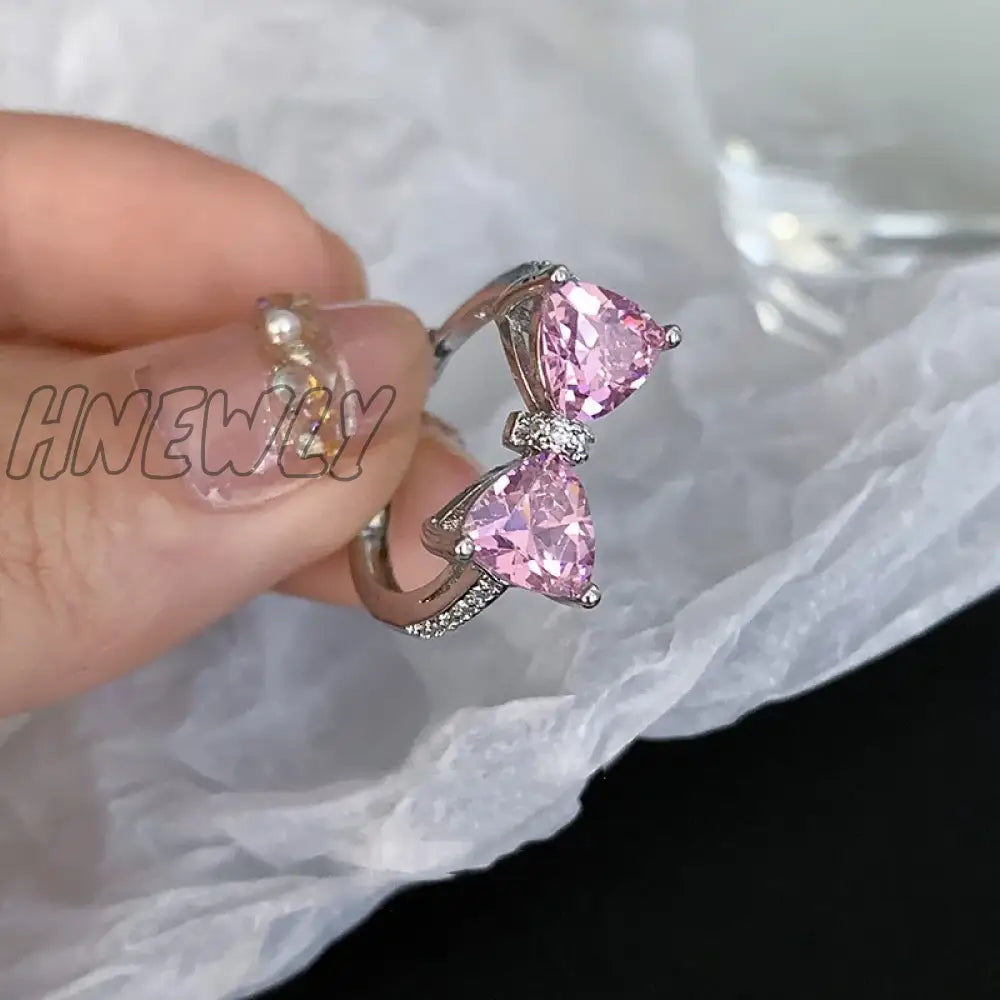 Hnewly Y2K Pink Crystal Bowknot Zircon Rings For Women Fashion Sweet Lovely Girl Open Adjustable