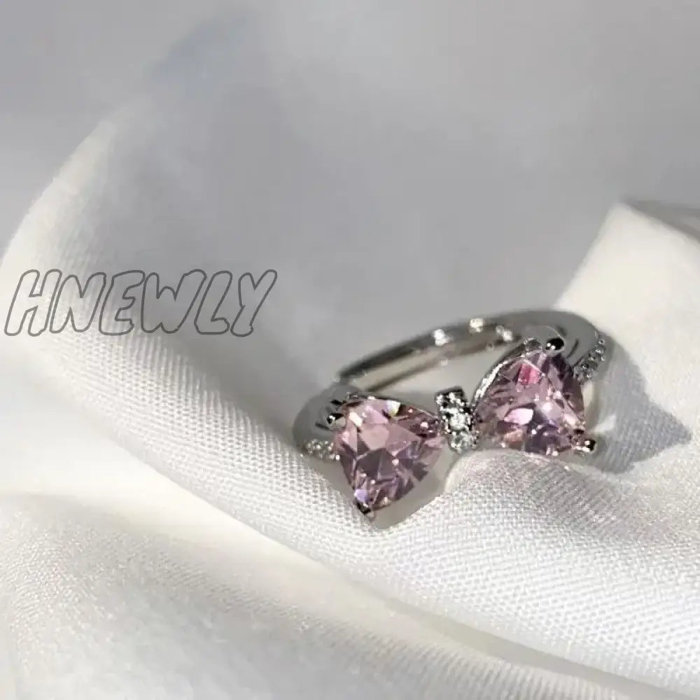 Hnewly Y2K Pink Crystal Bowknot Zircon Rings For Women Fashion Sweet Lovely Girl Open Adjustable
