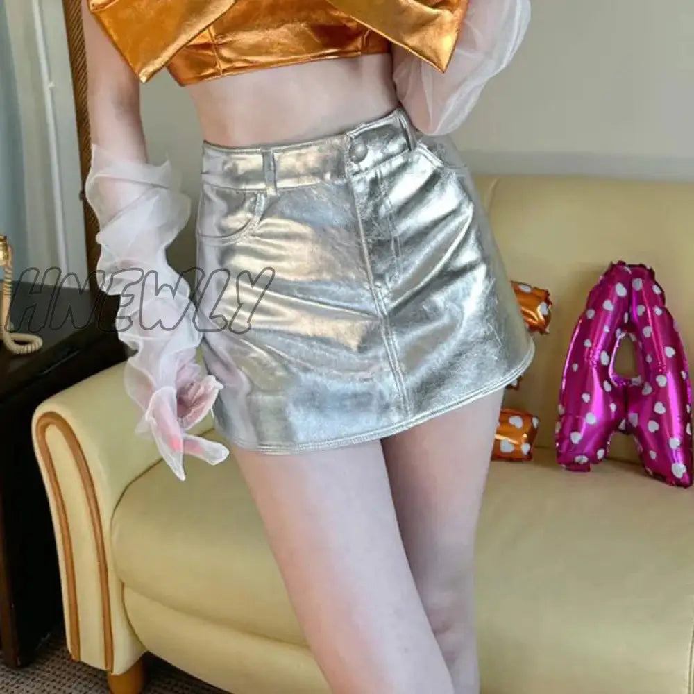Hnewly Y2K Pink Metallic Fashion Hot Girls Short Skirt Pockets Slim Fit Bright High Waist Korean
