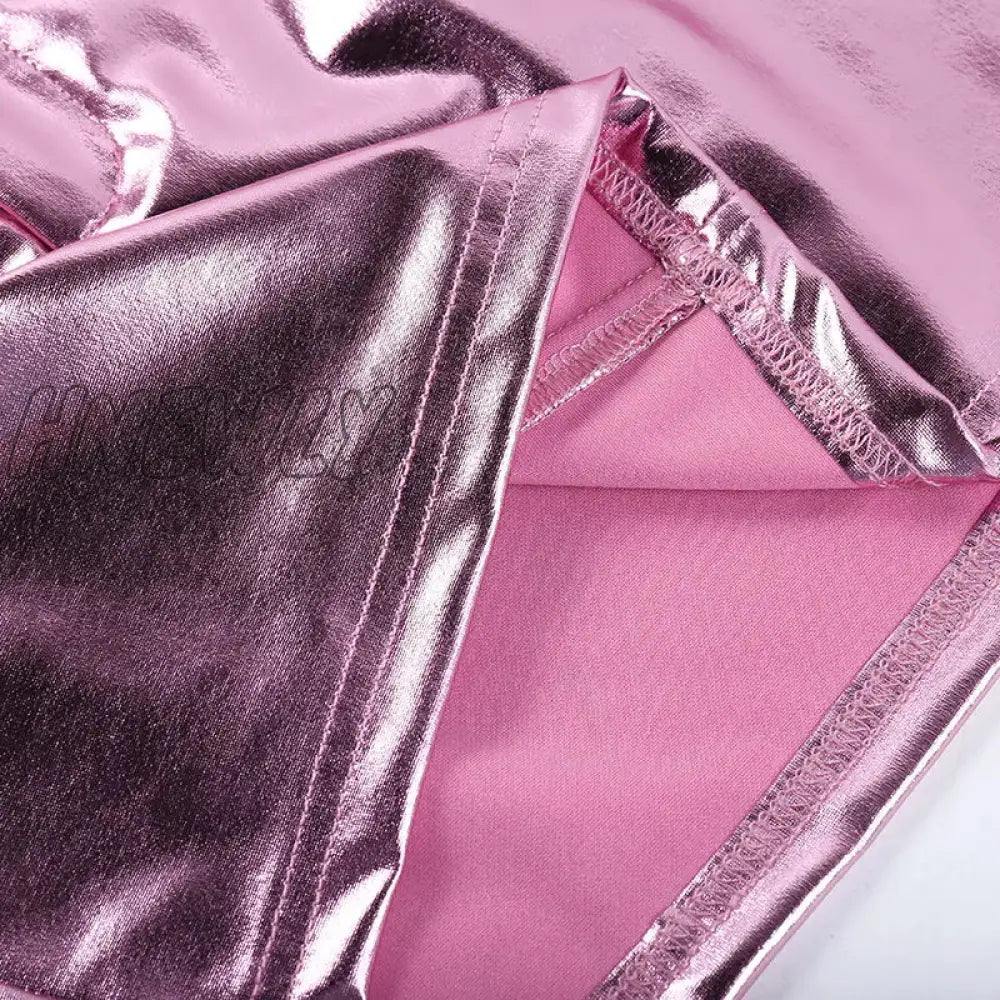 Hnewly Y2K Pink Metallic Fashion Hot Girls Short Skirt Pockets Slim Fit Bright High Waist Korean